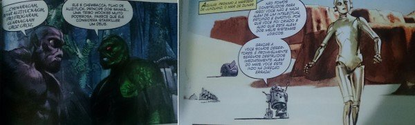 Chewbacca e Han Solo verde;(esq.); um R2-D2 bastante falante com C-3PO um pouco mais contido...